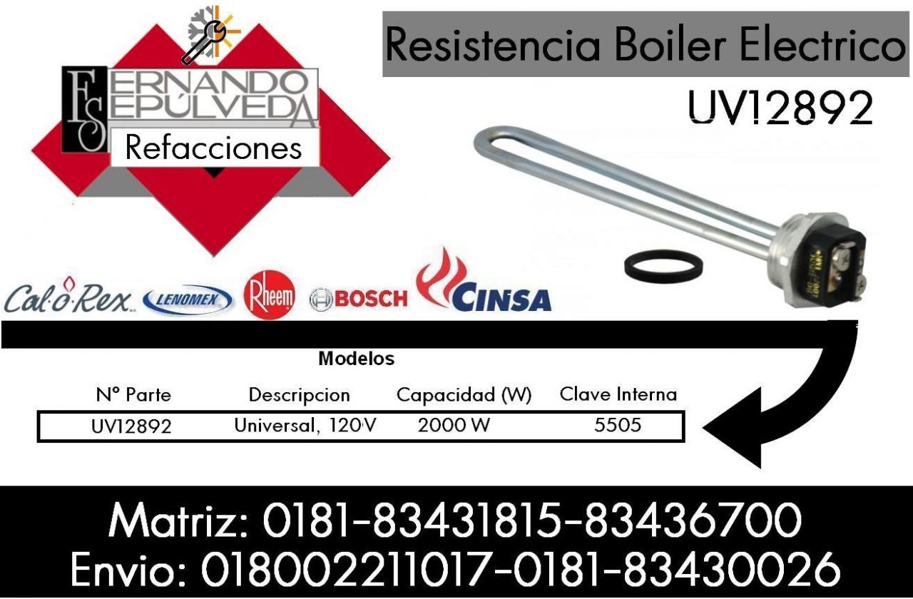 RESISTENCIA ELÉCTRICA PARA BOILER ELÉCTRICO CALOREX, RHEMM, HEART MASTER