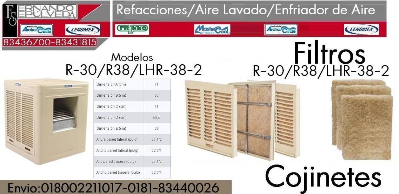 COJINES O FILTROS R-30, R-38, LHR-38-2 PARA AIRE LAVADO O ENFRIADOR DE AIRE