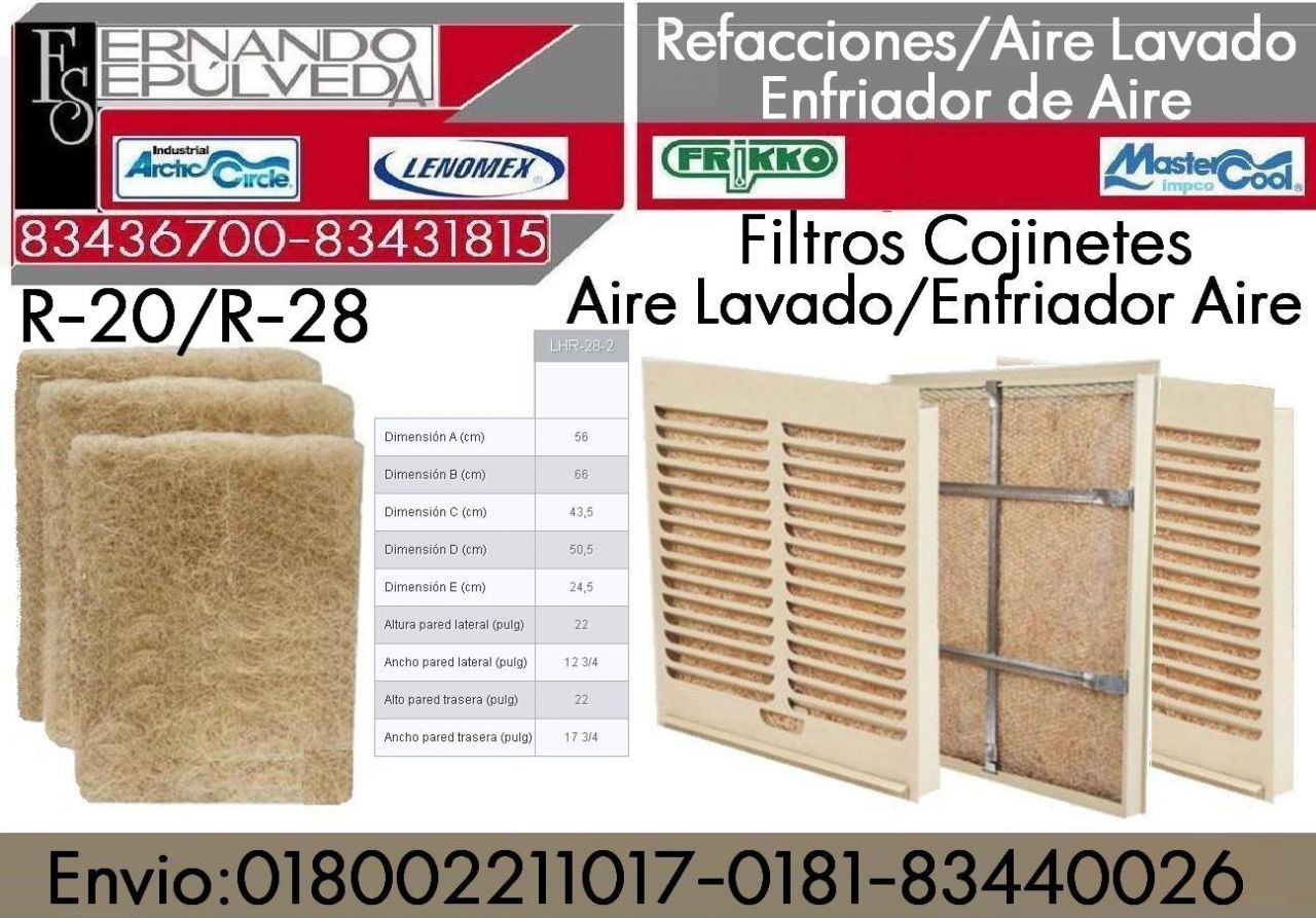 FILTROS O CAJINES  PARA AIRE LAVADO O ENFRIADOR DE VENTANA R-20,  R-28-2,  LHR-28-2