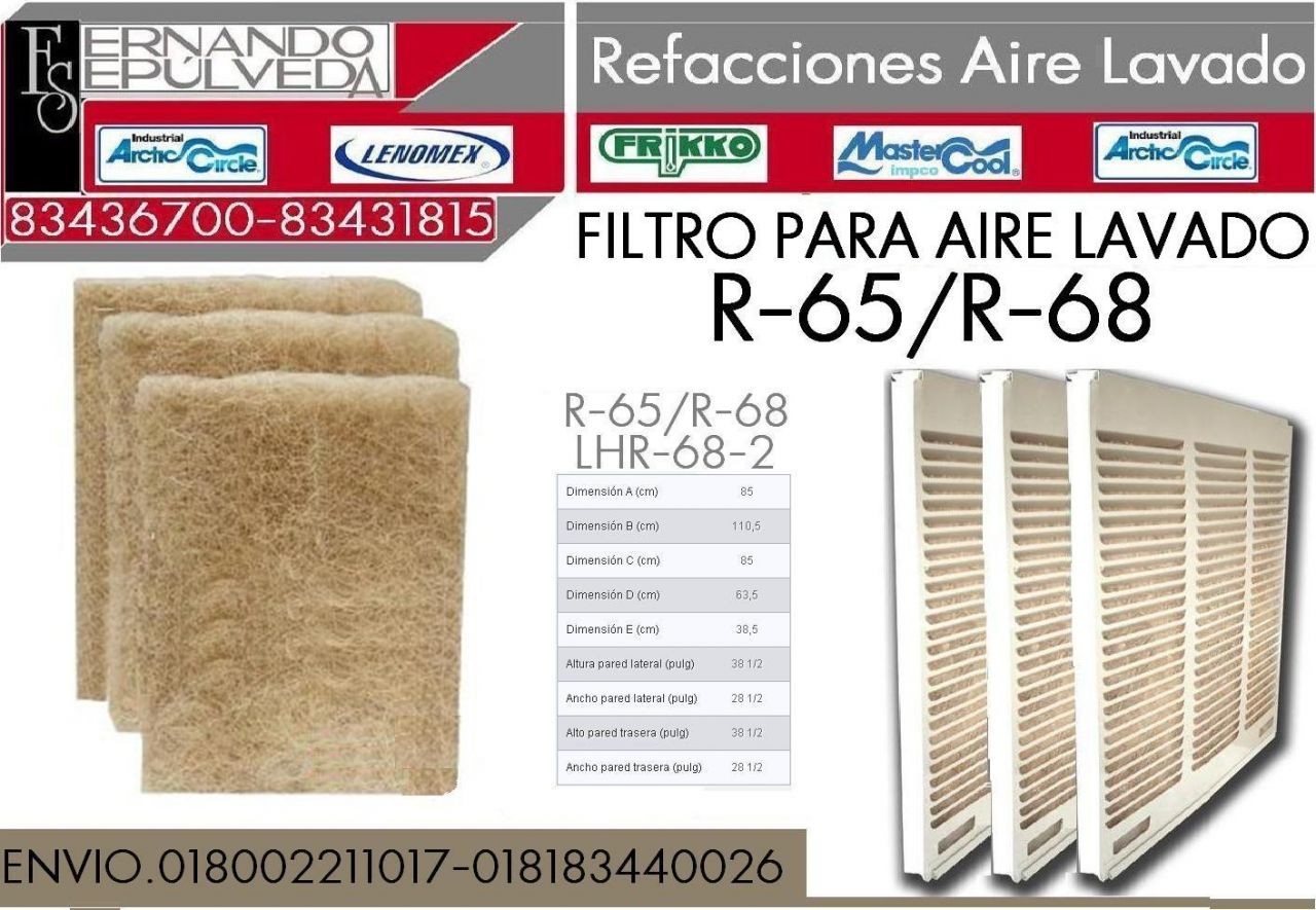 FILTROS O COJINES  PARA AIRE LAVADO O ENFRIADOR DE VENTANA R-65,  R-68-2,  LHR-68-2