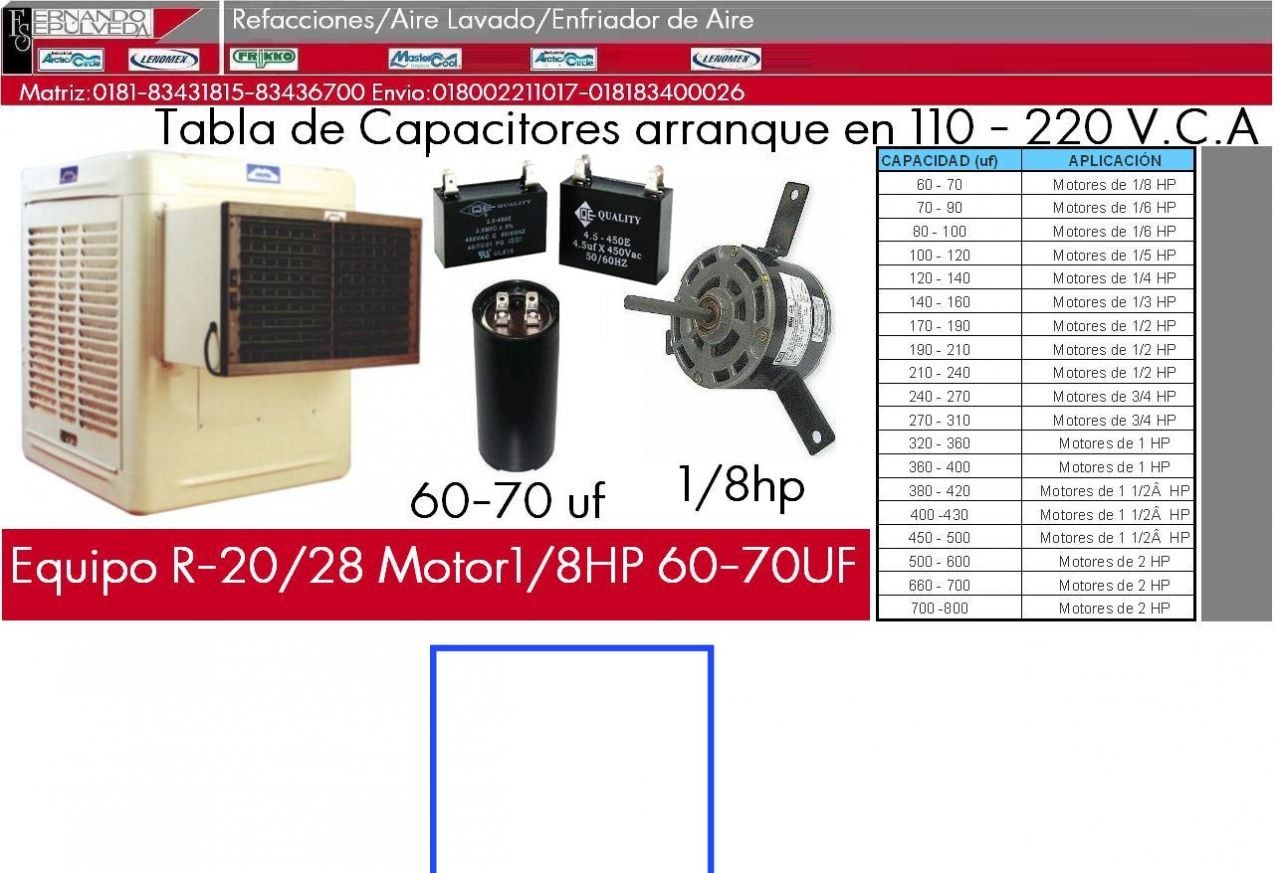 TABLA CAPACITARES DE ARRANQUE MOTORES 110-220 V