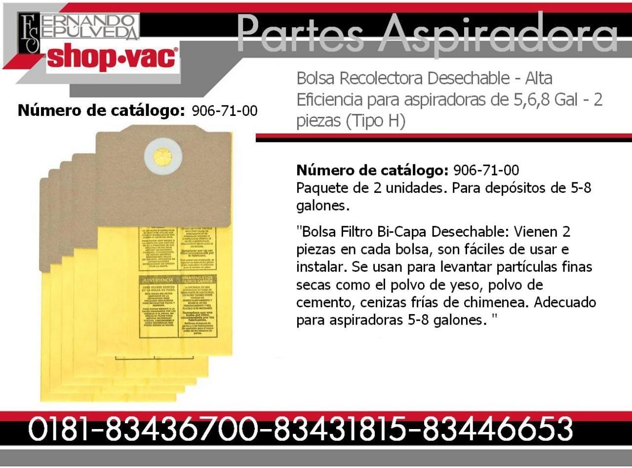 Bolsa Recolectora de Polvo Desechable Aspiradora Shop-vac Alta Eficiencia para  5,6,8 Galones Tipo H