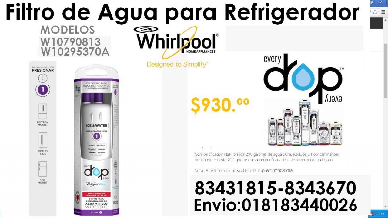 FILTRO PARA LÍNEA DE AGUA PARA REFRIGERADORES WHIRLPOOL W10790813