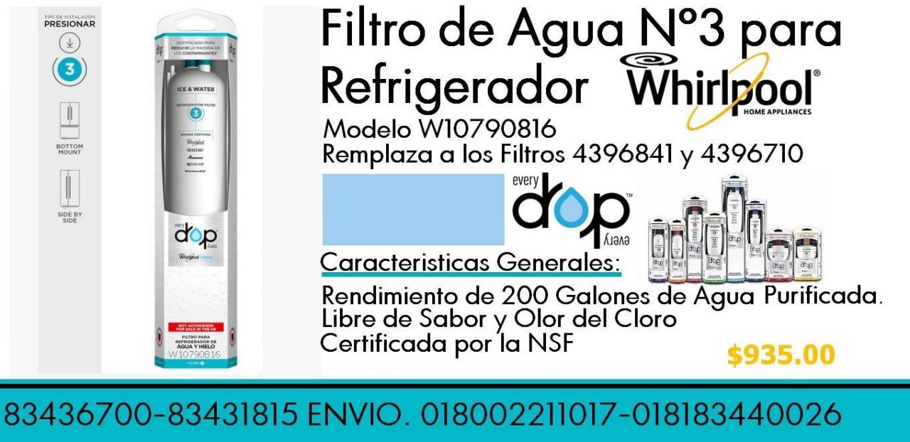 FILTRO PARA LÍNEA DE AGUA PARA REFRIGERADORES WHIRLPOOL MODELO W10790816