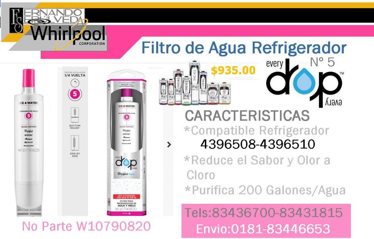 FILTRO de agua para Refrigeradores de la Marca Whirlpool Modelo:W10790820