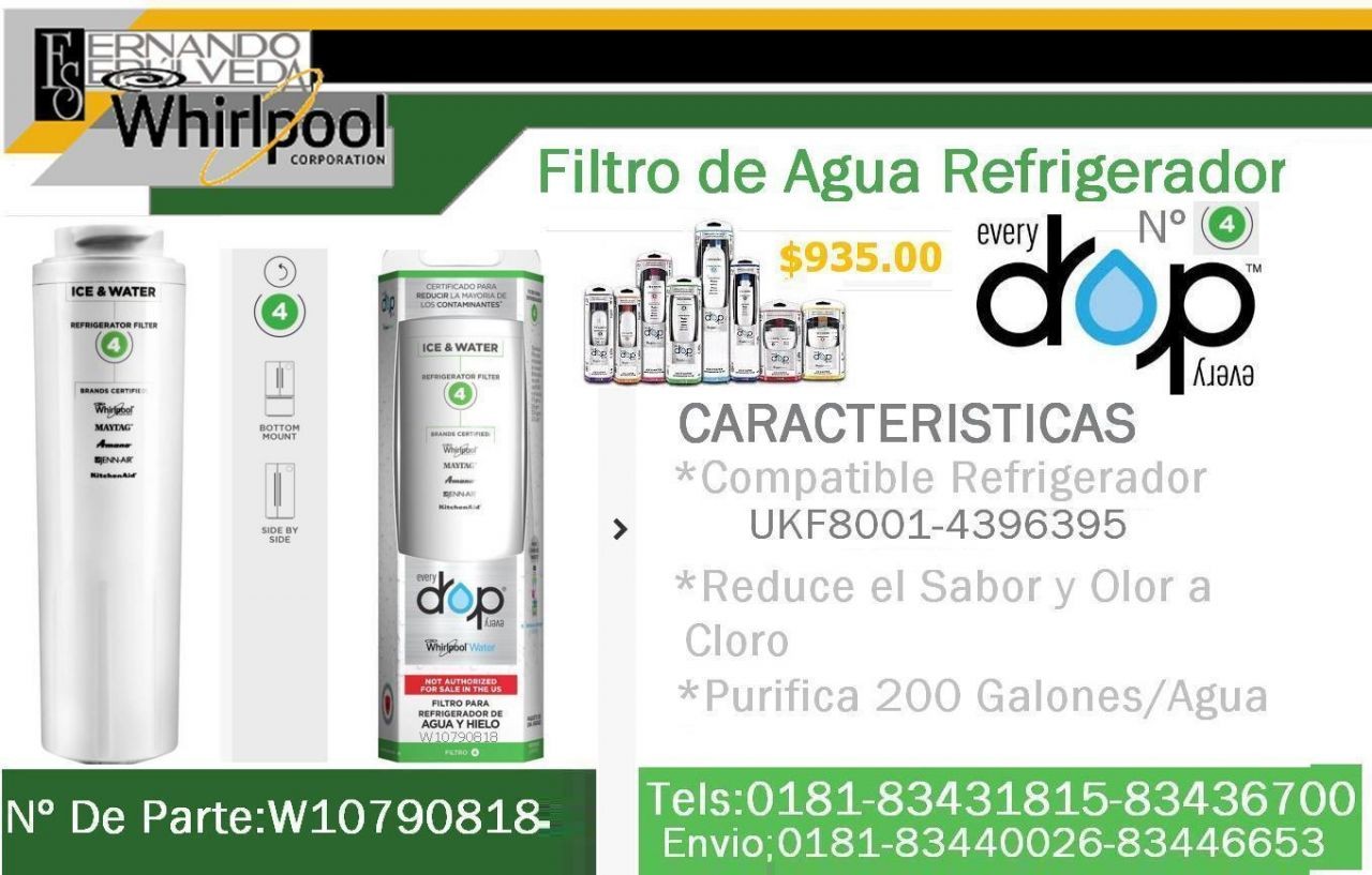 FILTRO de agua para Refrigeradores de la Marca Whirlpool