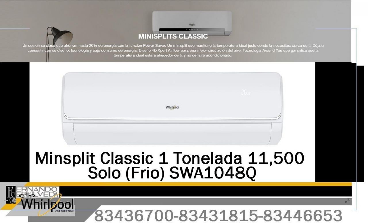 Minisplit Whirlpool de 1 Tonelada Solo Frio