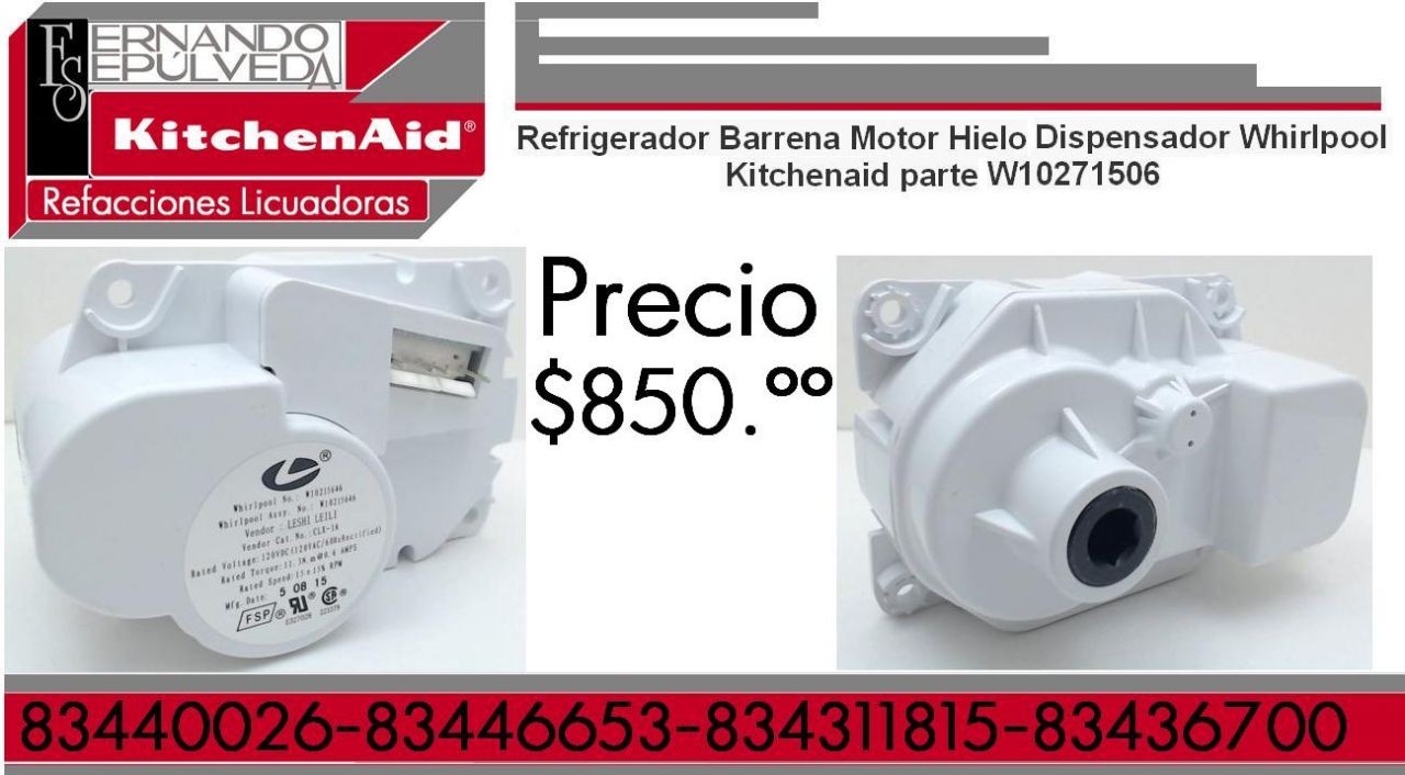 Refrigerador Barrena Motor Hielo Dispensador Whirlpool Kitchenaid parte W10271506